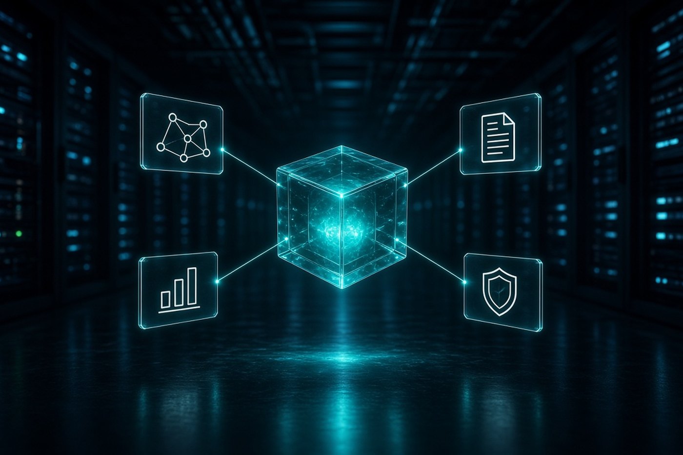 A glowing core in a data center, linked to smaller panels at the edges for integrations, reporting, and controls