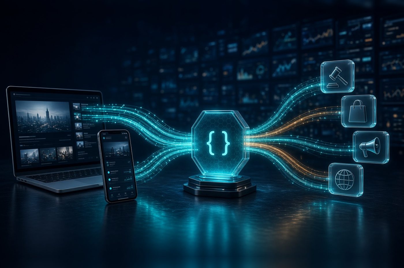 API-first publisher monetization architecture connecting publisher inventory on a laptop and phone through an API hub to SSPs, OpenRTB auctions, and demand partners