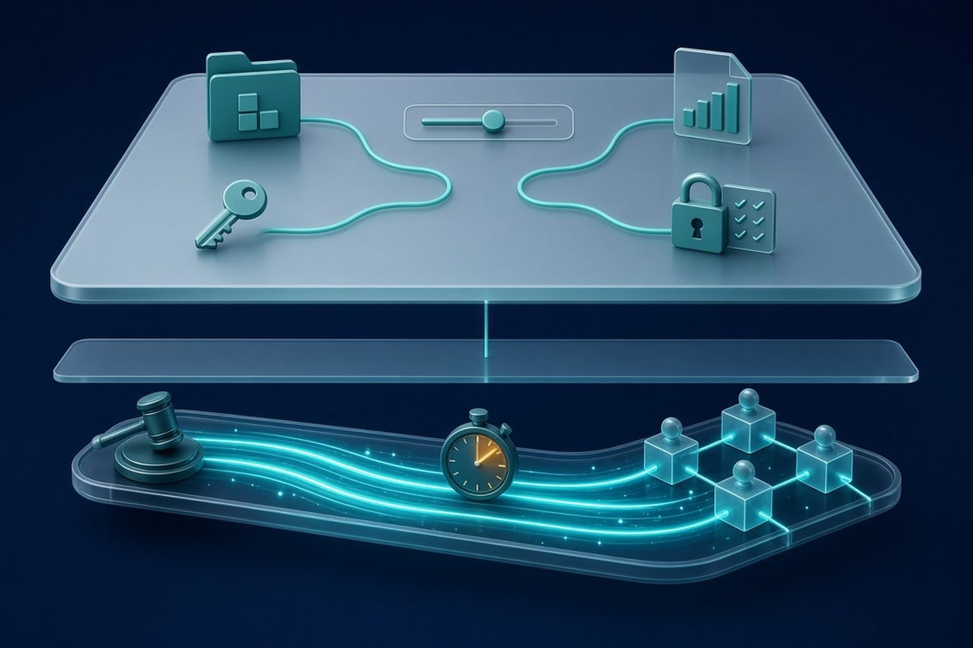 Two-level glass architecture: an upper management layer with inventory, floor slider, reports, key, and audit icons, separated from a fast real-time lane where light races between an auction gavel, a stopwatch, and bidder nodes