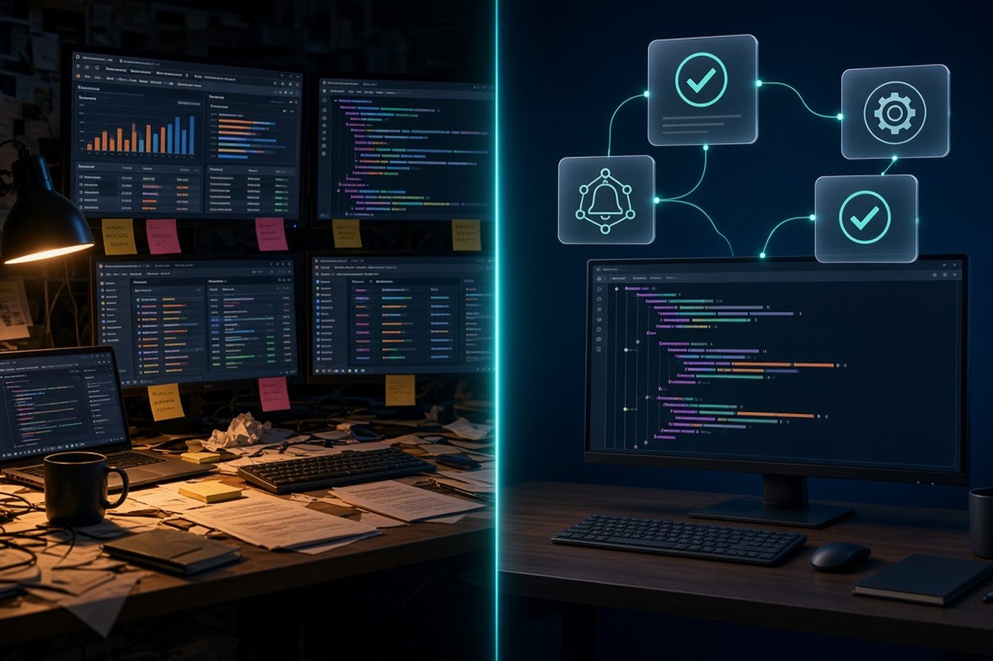 Split scene: a cluttered night desk with five dashboard monitors and sticky notes beside a calm desk with one code editor and automated alert, approval, and settings cards linked by teal lines
