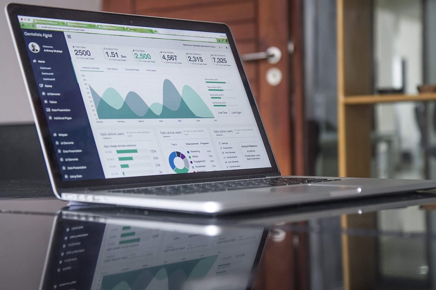A laptop on a reflective desk showing an analytics dashboard with KPI tiles, area charts, and a donut chart
