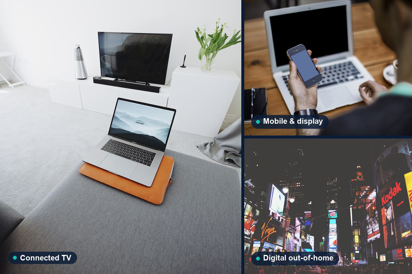 A living room with a connected TV and laptop, a person holding a smartphone over a laptop, and a city street lit by digital billboards