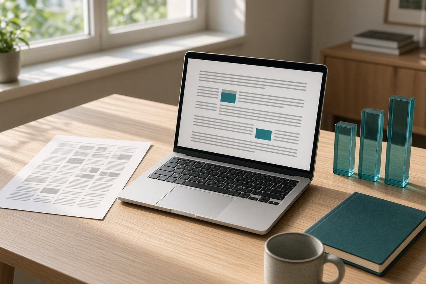 A sunlit desk where a crowded printout sits beside a laptop article with only two ad placements and three rising bars